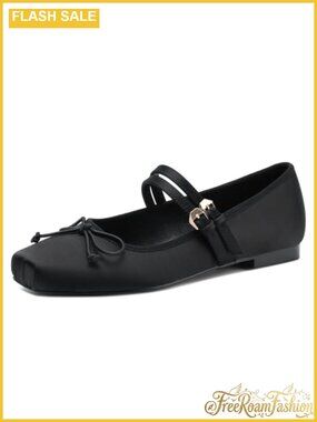 Satin Square Toe Ballet Flats with Bow and Double Buckle Straps
